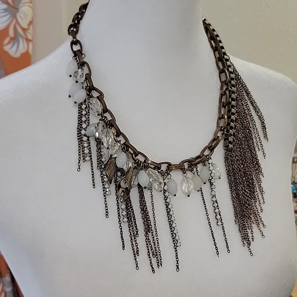 One Of a Kind Multi-Chain Necklace with White Beaded Accents - Picture 2 of 6